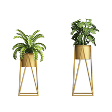Load image into Gallery viewer, Golden metal flower pot rack set with indoor plants, ideal for home decoration and versatile for various pot sizes.