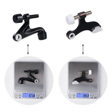 Load image into Gallery viewer, Matte Black Hinge Pin Door Stopper 2 Pack on scale, adjustable zinc alloy with soft rubber tip, Triumph Hardware.