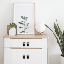 Загрузить изображение в средство просмотра галереи, White cabinet with black leather knobs and brass base from Triumph Hardware, styled in a modern room with plants and decor.