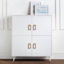 Load image into Gallery viewer, White cabinet with lemon gold square pendant drawer handles made from zinc alloy, positioned against a white wall with artwork on top.
