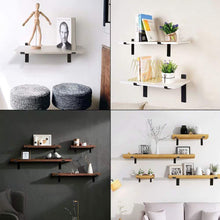 Load image into Gallery viewer, Midofar heavy-duty shelf brackets in black iron finish holding various decorative items in modern living spaces.