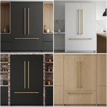 이미지를 갤러리 뷰어에 로드 , Comparison of 21-inch champagne bronze appliance pulls on black, white, and wood grain kitchen cabinets.
