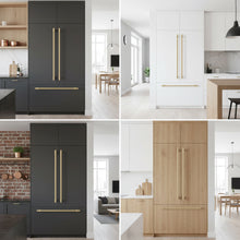 이미지를 갤러리 뷰어에 로드 , Comparison of 21-inch champagne bronze appliance pulls on black, white, and wood kitchen cabinets for integrated refrigerators.

