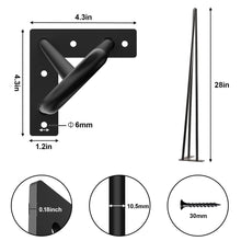 Load image into Gallery viewer, Dimensions of 28&quot; matte black hairpin table legs set of 4 showing 3-rod steel construction and mounting hardware.
