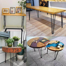 Load image into Gallery viewer, Collage of tables featuring DIY furniture projects with 28 inch matte black hairpin table legs made from sturdy carbon steel.
