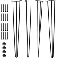 28-inch matte black hairpin table legs set of 4 with screws and floor protectors, sturdy 3-rod design for DIY furniture projects.