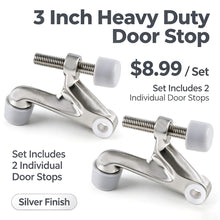 Загрузить изображение в средство просмотра галереи, 3 Inch Heavy Duty Hinge Pin Door Stop Brushed Nickel Silver Finish 2 Pack, Sturdy Adjustable Hinge Mount Door Stopper Protect Walls
