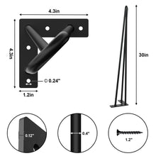 Load image into Gallery viewer, Dimensions and details of 30-inch matte black 3-rod hairpin table legs with screws, anti-rust steel construction for DIY furniture.
