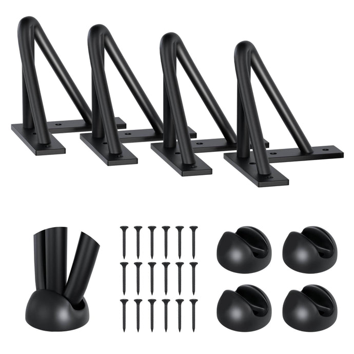 Set of 4 matte black 28 inch hairpin table legs with 3-rod design, includes screws and caps, ideal for DIY furniture projects.