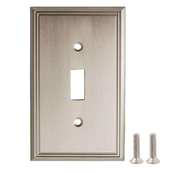 Satin nickel toggle switch plate with screws, single toggle, zinc alloy for durability.
