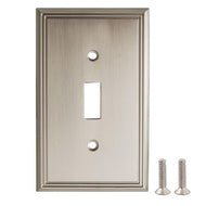 Satin nickel toggle switch plate with screws, single toggle, zinc alloy for durability.