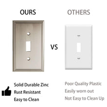 Загрузить изображение в средство просмотра галереи, Comparison of satin nickel toggle switch plate and standard plastic plate, highlighting durability, rust resistance, and easy cleaning.
