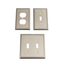 Загрузить изображение в средство просмотра галереи, Three satin nickel toggle switch plates in zinc alloy, showcasing single and double toggle designs.
