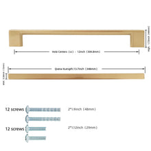Cargar imagen en el visor de la galería, Dimensions and screws for 12&quot; champagne bronze refrigerator cabinet door handle, showcasing design and installation details.
