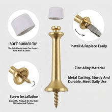 Load image into Gallery viewer, Installation guide and product features for zinc alloy rigid door stops, highlighting the soft rubber tip and easy screw setup.
