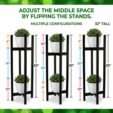 Load image into Gallery viewer, Comparison chart showing three different height configurations achieved by flipping the stands, allowing for various spacing between the top and bottom plant tiers.
