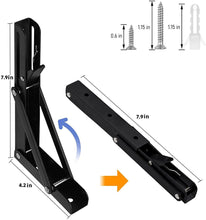 Load image into Gallery viewer, Adjustable 16 inch heavy duty folding shelf bracket, black, shown in folded and extended positions with included screws and wall anchors.
