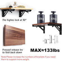 Load image into Gallery viewer, Heavy-duty adjustable folding shelf brackets for DIY shelving, holding 133 lbs max, suitable for garages, kitchens, and more.
