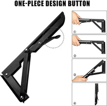 Load image into Gallery viewer, Diagram showing adjustable, heavy-duty folding shelf brackets with one-piece design button for garage and home use.
