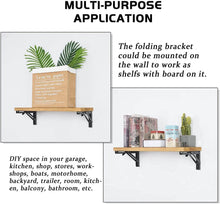 Load image into Gallery viewer, Adjustable 16-inch folding shelf brackets used for creating DIY wall shelves in various rooms and spaces, supporting decorative items.
