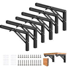 Load image into Gallery viewer, Adjustable 16-inch heavy duty folding shelf brackets, set of 2, showcased with screws and installation example for versatile use.
