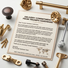Load image into Gallery viewer, A high-resolution Triumph Hardware 7-Day Global Shipping Commitment card, displaying the golden flower handle, door stop, T-handle, and chrome marble handle, and promising direct shipment from the main warehouse in China, with delivery within 7 days or so
