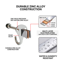 Load image into Gallery viewer, Infographic detailing the durable solid zinc alloy construction and rust-resistant polished chrome finish.
