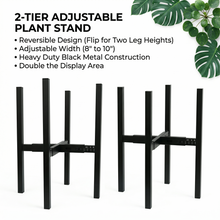 Load image into Gallery viewer, Diagram demonstrating the reversible design of the 2-tier plant stand, showing how the stands can be flipped to provide different leg heights for tiered displays.
