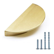 Brushed brass half moon cabinet pull with screws, 2.5 inch modern drawer handle, zinc alloy design.