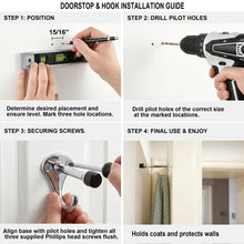 Load image into Gallery viewer, Step-by-step installation guide for mounting the heavy-duty zinc alloy door stop hook to a wall.
