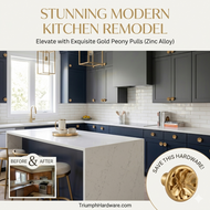 Gold Petal Knobs featured in a stunning modern kitchen remodel with exquisite floral drawer pulls.