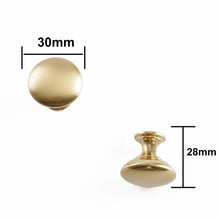Load image into Gallery viewer, Round Cabinet Knobs in brushed brass finish showing dimensions of 30mm and 28mm for stylish cabinet hardware.
