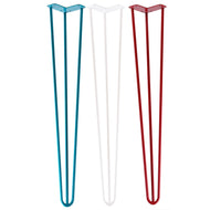 Red, white, and blue metal hairpin legs for furniture, suitable for DIY projects like nightstands and tables, with floor protectors.